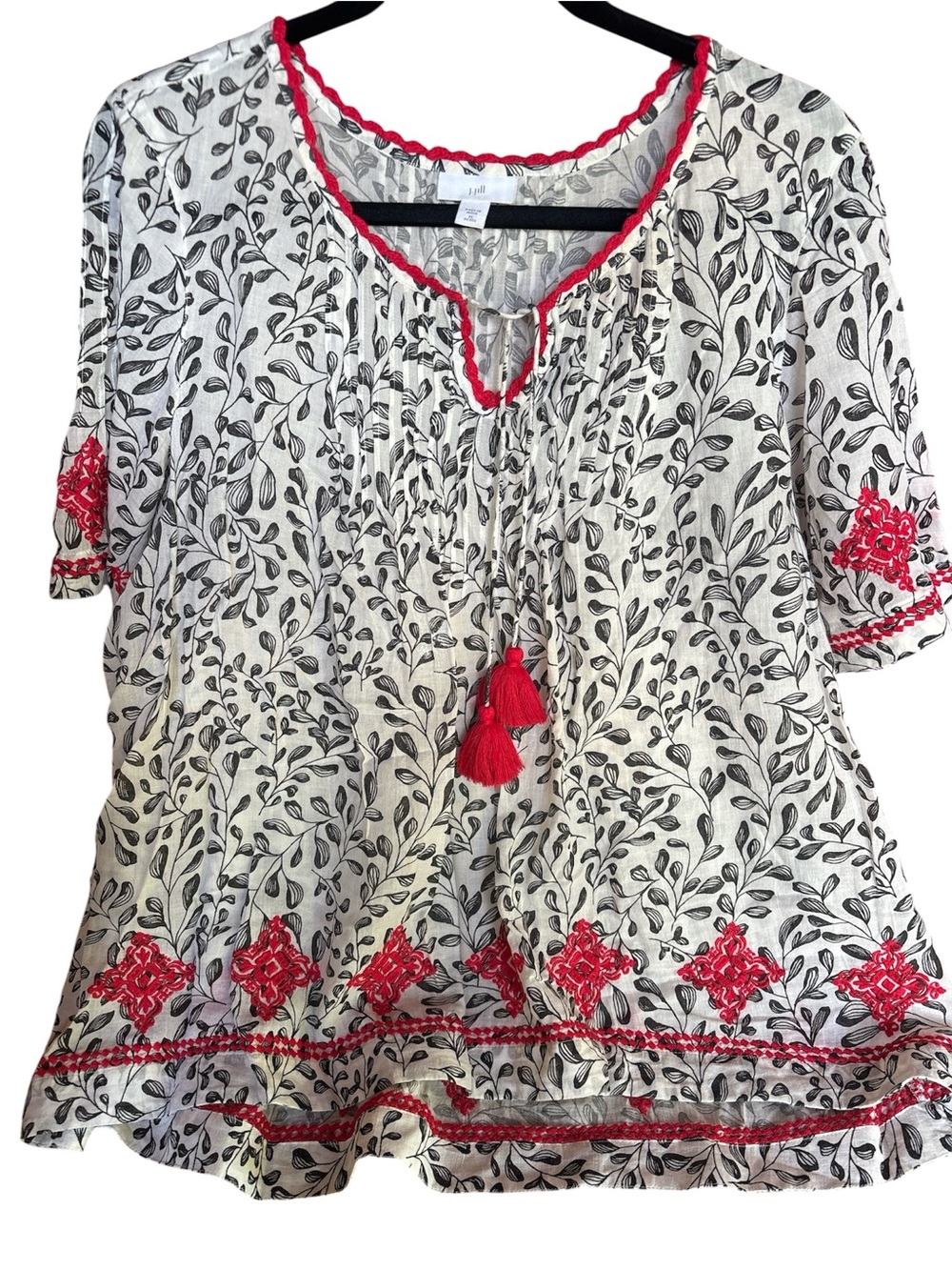 J. Jill White Tunic with Black Vine Print and Red Embroidered Accents